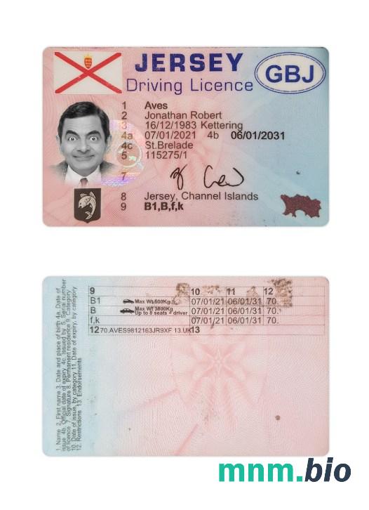 Szablon prawa jazdy Jersey w formacie PSD, ze wszystkimi czcionkami